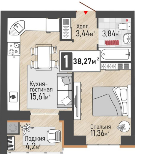 1 комнатная квартира 38,27&nbsp;м2