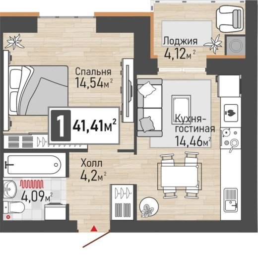 1 комнатная квартира 41,41&nbsp;м2