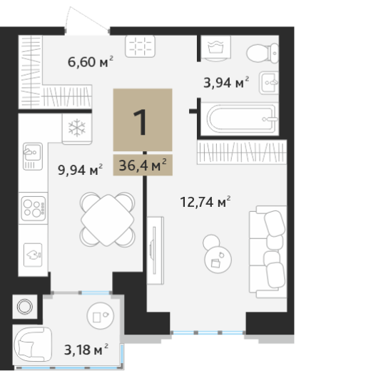 1 комнатная квартира 36,40&nbsp;м2