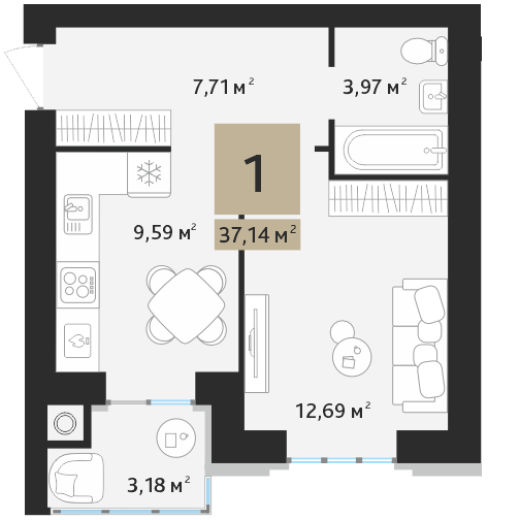 1 комнатная квартира 37,14&nbsp;м2